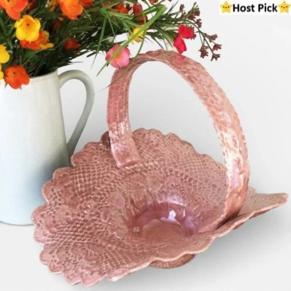 Vtg Signed Lace‑Imprinted Ceramic Basket - Iridescent Peachy Pink Studio Pottery